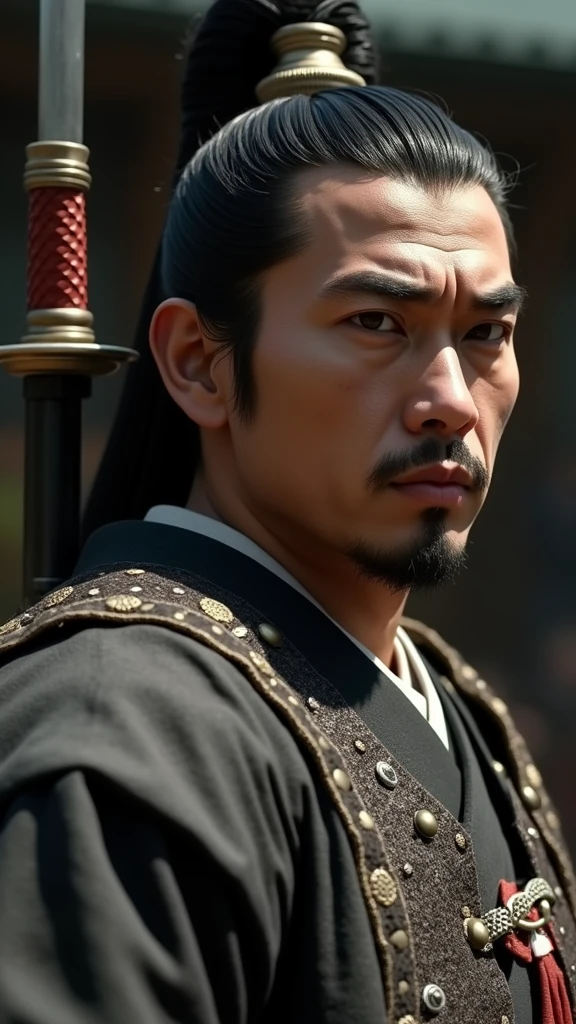 Close-up shot, Low angle shot, (The kaishakunin, a fellow Samurai dressed in dark, solemn attire, stands poised behind the kneeling Samurai, his sword raised high. His expression is one of deep respect and sorrow, his eyes locked on the Samurai’s bowed head. The scene is tense, with the surrounding comrades watching with bated breath. The background is the same tranquil courtyard, now filled with an almost palpable sense of finality.) unreal engine, 35mm lens, cinematic, highly detailed, hyper-realistic, ultra-realistic HD --q 2 --v 6.1 --ar 9:16
