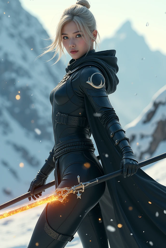 (masterpiece, best quality, beauty, best ratio, best shadows,best Illustration, wallpaper size,1080×2400 pixels)
Uhd, korean woman beauty like tae yon, kungfu taichi pose, full posture fully visible, shining blue eyes, windblown short blonde hair, wear black titanium full armory with swallow emblem, assain creed hoody, hand holding a spear emits gold energy, standing on top chess piece pillar. Morning sky, full snowflake and top snowing mountain seen on far away. use the RenderMan renderer.digital art. High definition, high contrast,high color saturation,128k,cinematic lighting, intricate,cinematic advertising photograph,cinema lens,high res.