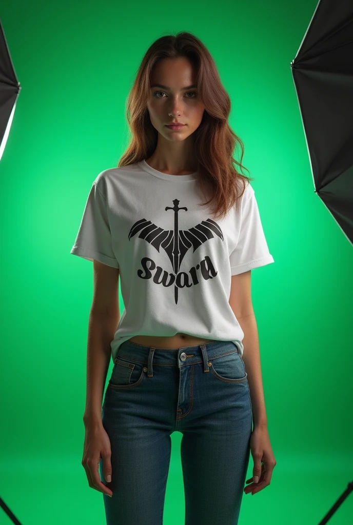 Photorealism 1.4 realistic realism high detailed definition create for me t-shirt wrote AHWEE sword logo on design female model full body wearing tight jeans photoshoot lighting left and right green screen on background photoshoot session on studio