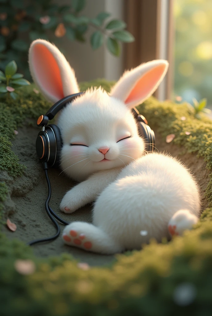 Rabbit sleeping with headphone 