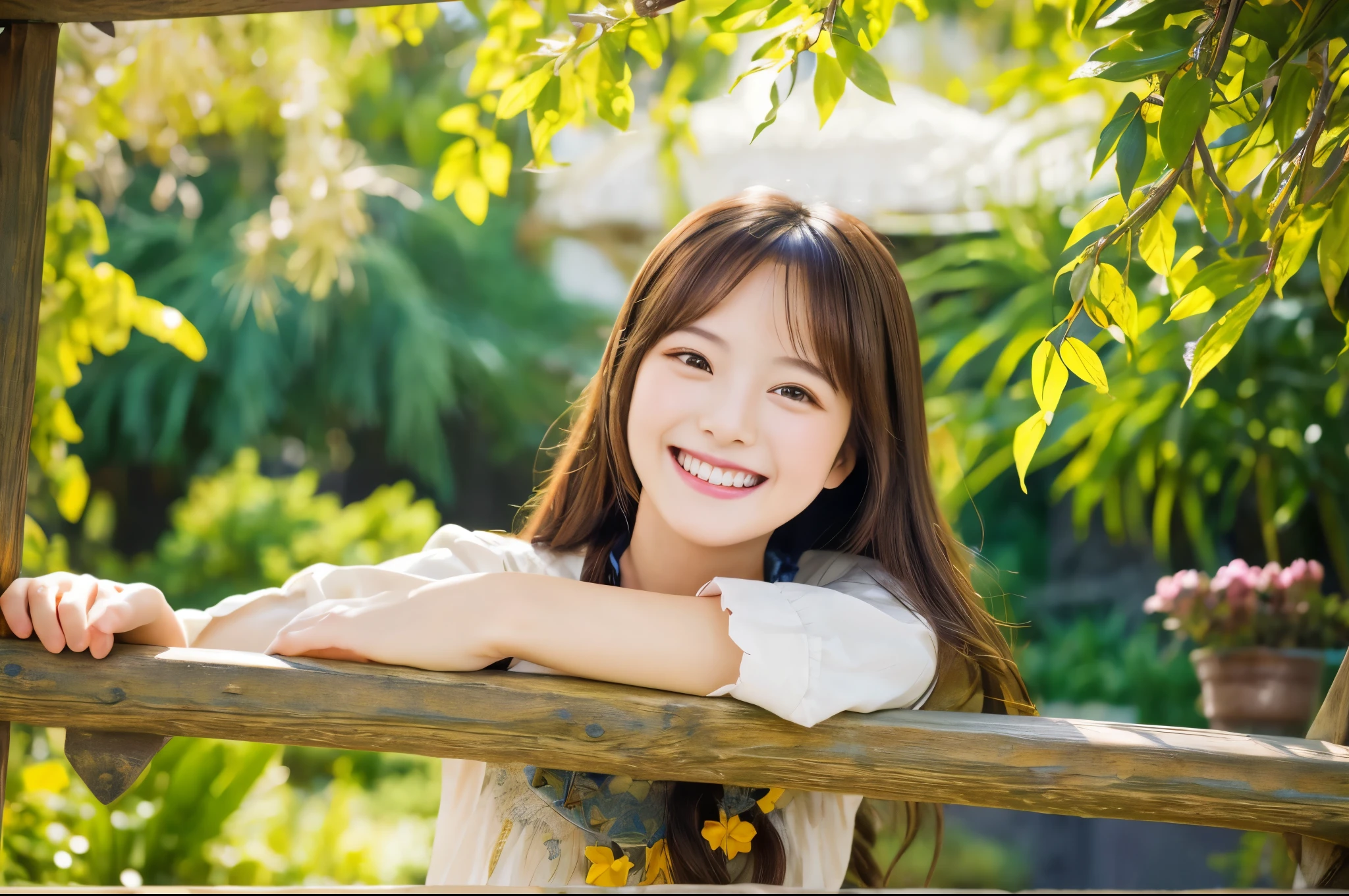 Highest quality masterpiece detailed A very cute girl is smiling and hanging from a horizontal bar Photo style Fantasy garden