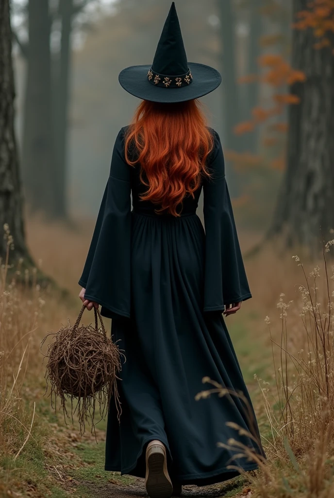 redheaded woman in witch costume who walks