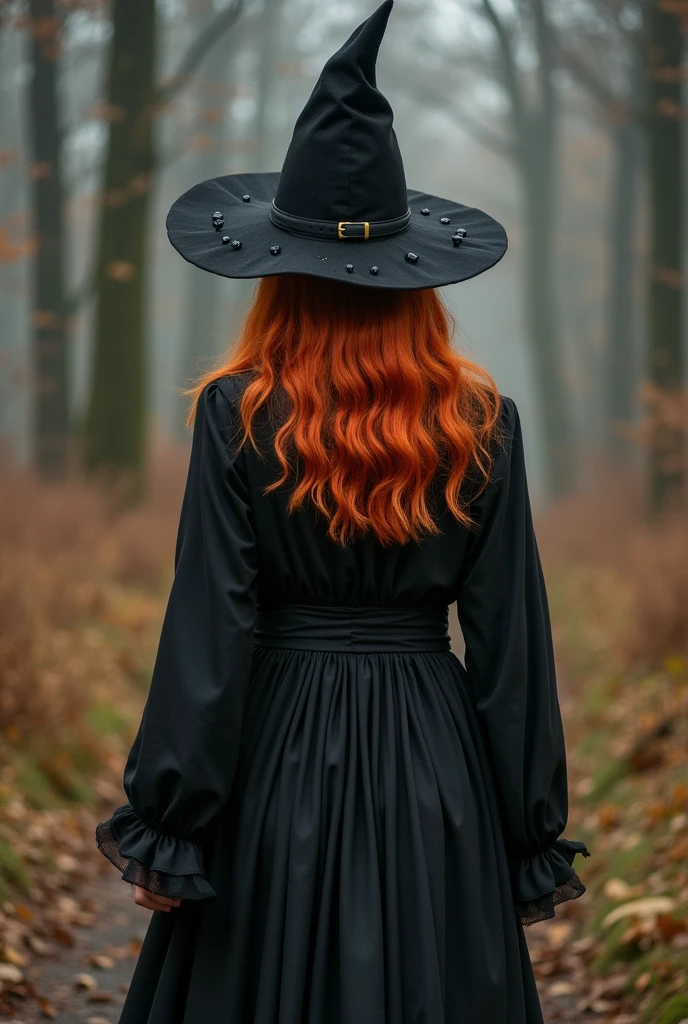 redheaded woman in witch costume who walks