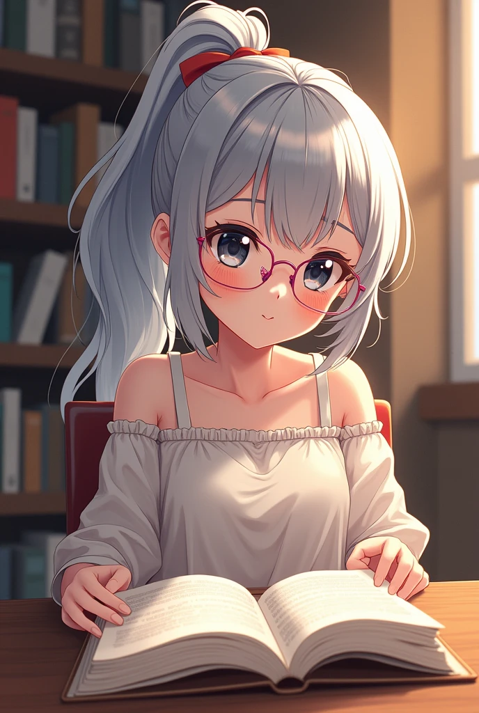 2d anime girl, tomgirl, ponytail, gray hair, pink glass, no override, in a library, golden highlights, black eyes, super detail, reading a book in table, masterpiece, 16k quality, full body.