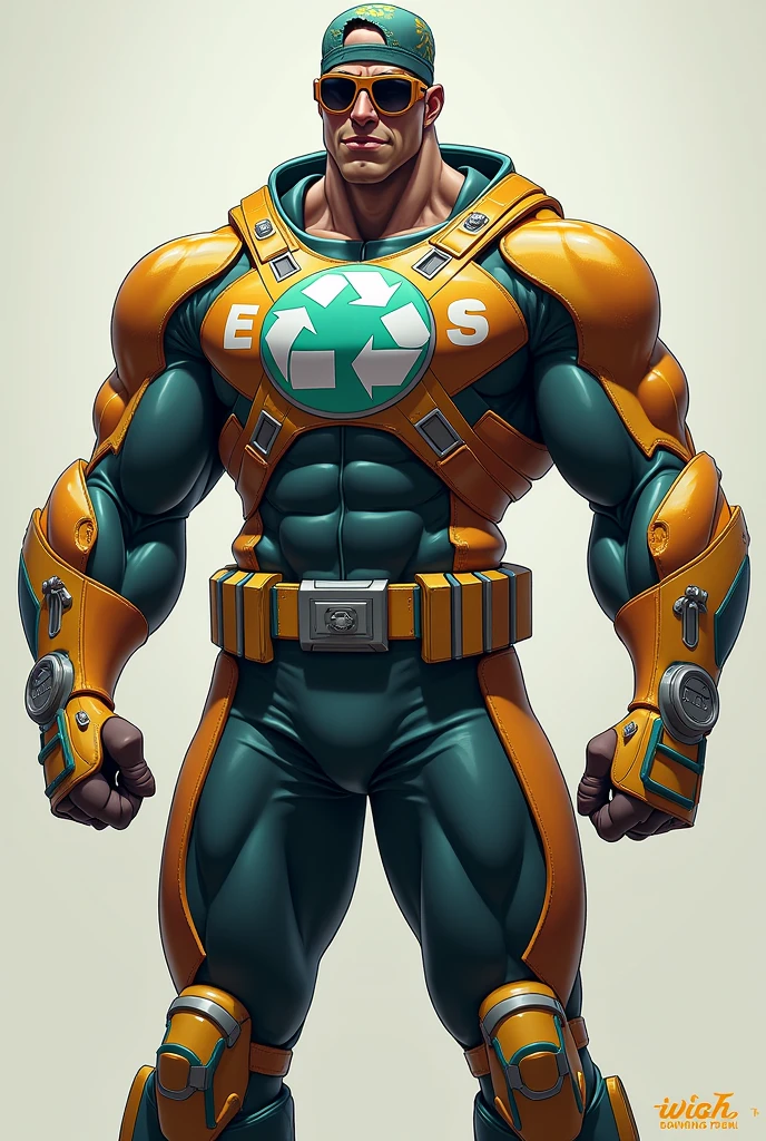 Recifit is a muscular character with a superhero appearance. He has an athletic build and an imposing height.. Wear a garbage collector suit with a modern and colorful design, with a recycling logo on the chest. He has sunglasses and a cap to complete his look..
*Personality:* Recifit is a passionate character dedicated to protecting the environment and promoting fitness.. He is a hero who fights against pollution and lack of physical activity.. He is friendly, motivating and fun.