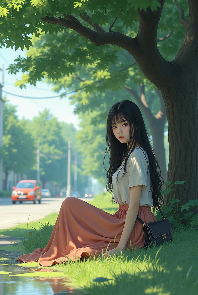 1girl, tree, outdoors, black_hair, long_hair, looking_at_viewer, solo, real_world_location, sitting, photo_background, bag, realistic, ground_vehicle, car, shirt, long_skirt, day, motor_vehicle, breasts, water, skirt, grass