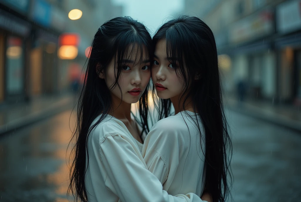 Identical twin sisters hugging each other、Waist-length hair 30yo korean woman at a rainy road city, (Waist-length hair:1.8), I'm looking for a viewer wearing a white open-neck shirt.. barefoot. Wet Skin. Realistic Skin Style, Detailed skin pores. Black and dark、Very long、Messy and、Stylish slicked back hair, Poreless skin and natural makeup, Long, black hair、Casually、But stylishly. Dim background, Gloomy rainy day, Vignette, ドラマチックな自然なatmosphereの照明, Cinema Lighting, Powerful backlight and rim light, 奥行き感とatmosphereを醸し出す, Add texture with bokeh highlights and film grain. Color Scheme: muted, A desaturated color palette with deep shadows and warm highlights, evoking a sense of nostalgia and melancholy. atmosphere: 謎と陰謀のatmosphere, With signs of tension and anticipation. action: Woman caught in mid-motion, Her body was contorted in graceful yet powerful ballet poses., Her muscles tensed、The expression was intense. object: Some props, Worn-out ballet barres and discarded pointe shoes, Increases the sense of authenticity and history.
