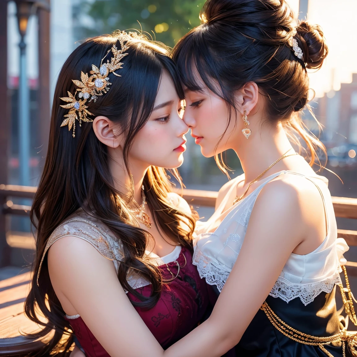 ((Highest quality)), (Ultra-high resolution), (Very detailed), (Detailed Description), ((The best CG)), (masterpiece), Ultra-detailed art, perfect anatomy, (two stunning girls are deeply in love with each other, kiss), the most important work