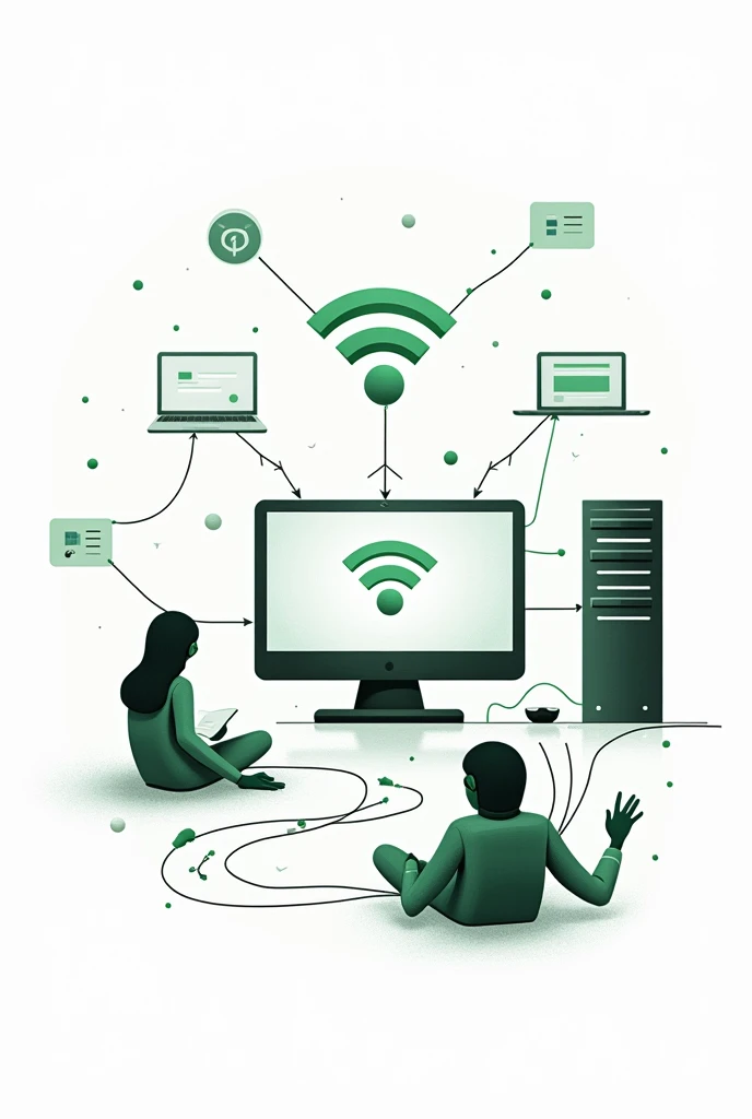 black and green drawing representing computer and wifi networks only the drawing with a white background