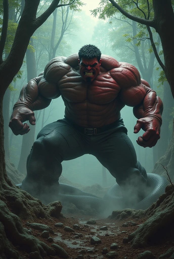 A red hulk in blazer  suit fighting with the anaconda at dark forest