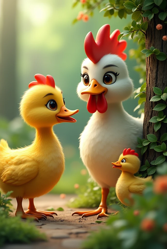 Generate me an image of a duck and a hen spying on the big duck and a hen
