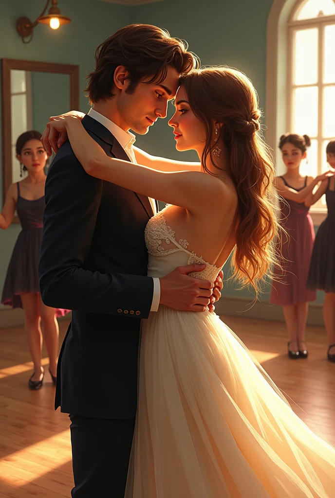 Portray an intimate moment when Lucas is teaching Lucia to dance, with a focus on the interaction between them. The cover may show a dance class in progress, with expressions of concentration and joy.