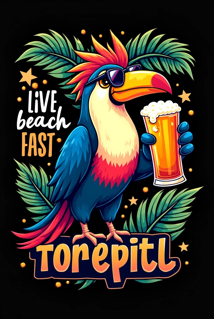 Make a T-shirt print, with animated toucan wearing sunglasses, with beer, with phrases in the background, with black background