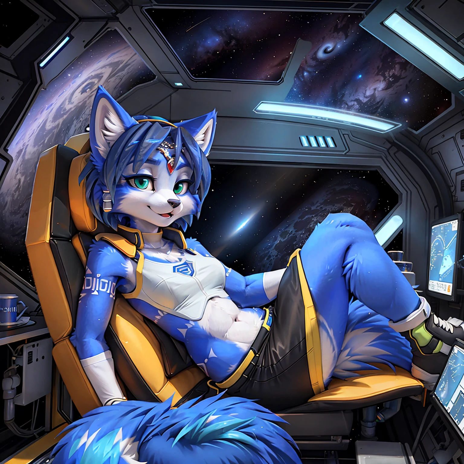 A beautiful and detailed (sweet picture) wa ((krystal)), Star Fox krystal, sslim, lovable, green eyes, medium breasts, (((Long blue hair 1.3))), Decollete, anthro, furry, Uploaded E621, detailed fluffy fur, (wa Fluff-Kevlar, Bayard Wu, Pino Daeni), detailed face, (fluffy), 1 girl, alone, sweet girl, (((hole body))), spacesuit, schwedt through space, galaxy, spaceship, spacesuit, helmet with ears
