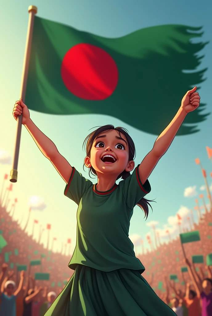 A girl is showing her victory with the flag cry of Bangladesh