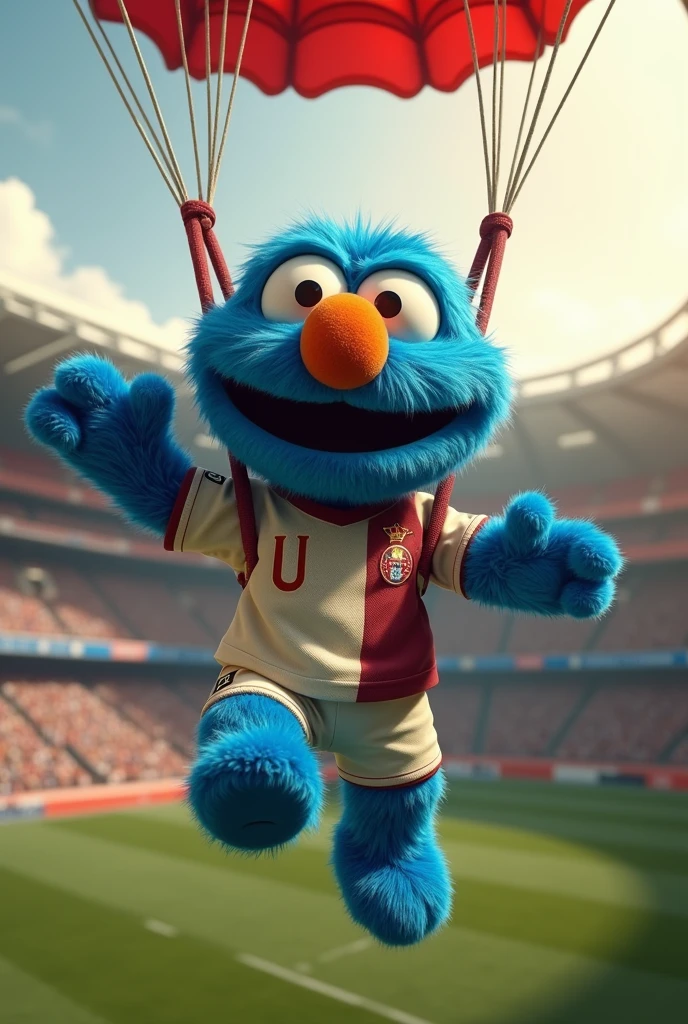 a cheerful blue Sesame Street character, Pancho Sesame, wearing a cream-colored soccer jersey with a burgundy U on the side of his heart, parachuting into the Monumental Stadium in Peru, hyper-realistic, 8k, detailed facial features, realistic lighting, cinematic, photorealistic, warm color tones, dynamic pose, detailed textures, sharp focus, masterpiece
