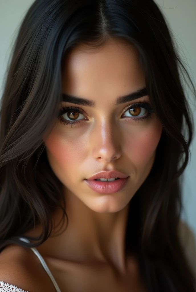 young arabic woman, glamorous gaze, straight dark hair, long eyelashes, small nose, roundish-almond eyes shape, heart face shape, round eyebrows, hyper realistic, photorealistic, close up, studio lightening
