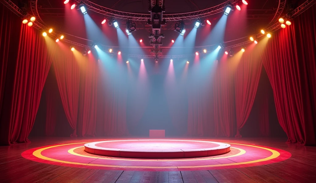 An empty circus stage, brightly lit with vibrant spotlights of red, yellow, and blue. The stage features a large, colorful ring in the center with various circus props like juggling