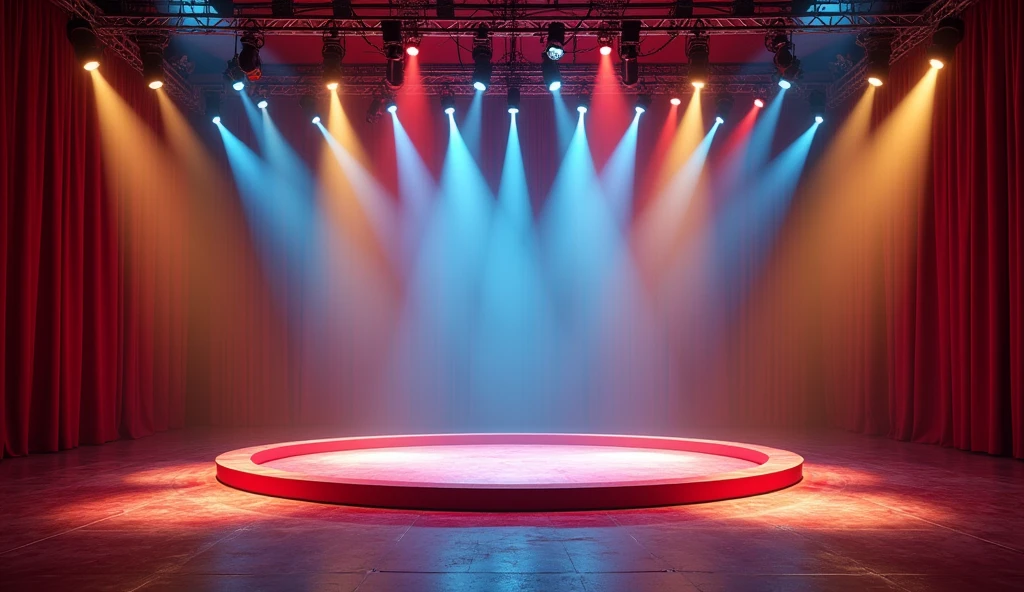 An empty circus stage, brightly lit with vibrant spotlights of red, yellow, and blue. The stage features a large, colorful ring in the center with various circus props like juggling