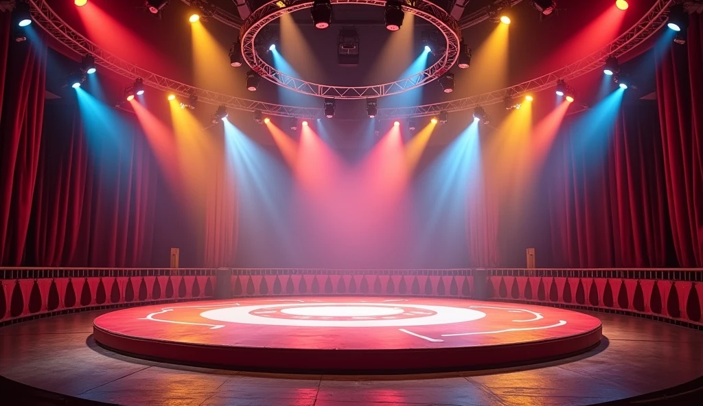 An empty circus stage, brightly lit with vibrant spotlights of red, yellow, and blue. The stage features a large, colorful ring in the center with various circus props like juggling