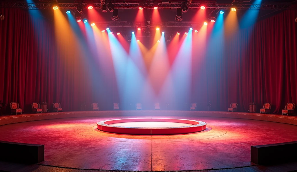 An empty circus stage, brightly lit with vibrant spotlights of red, yellow, and blue. The stage features a large, colorful ring in the center with various circus props like juggling