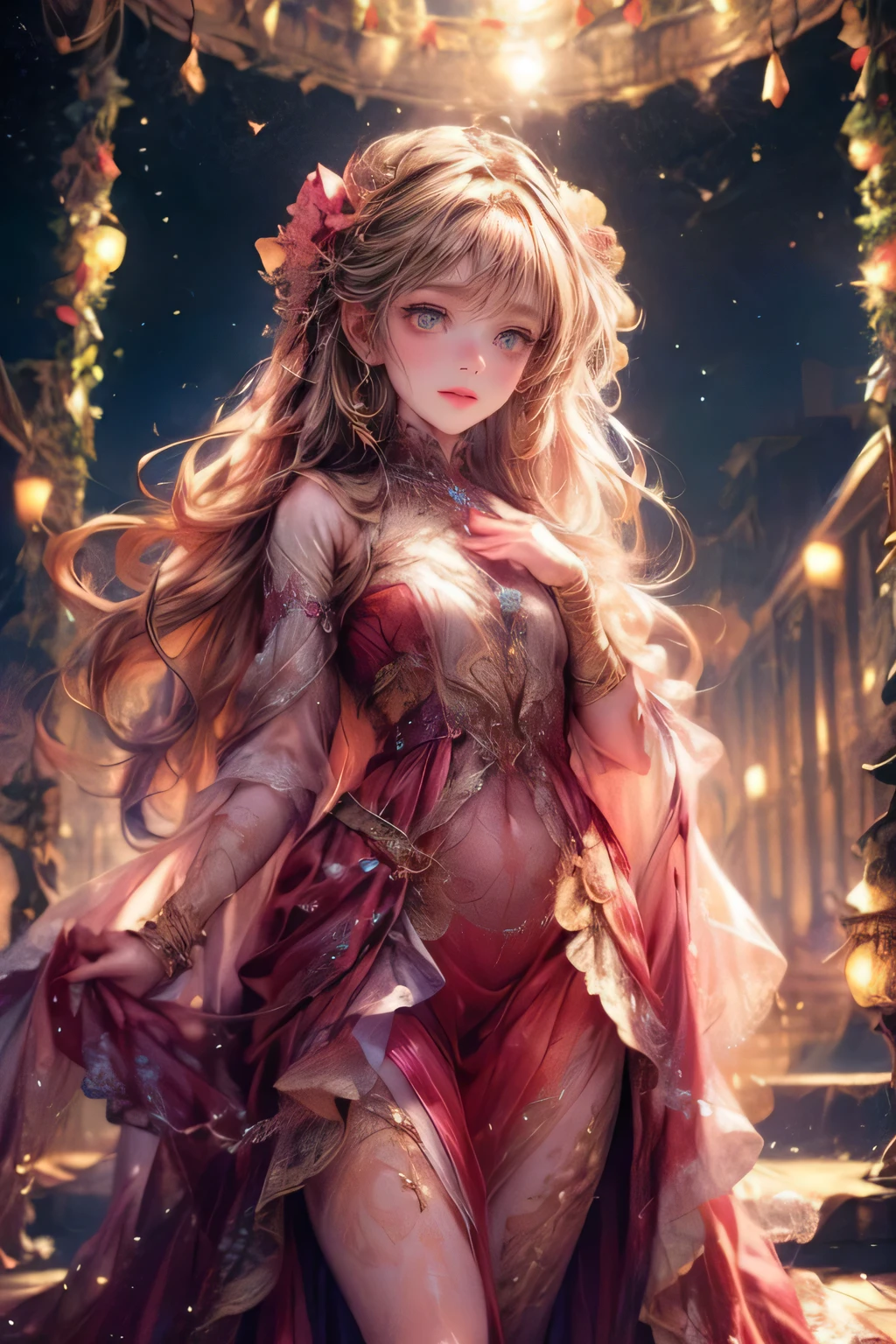 a beautiful cute girl in a surreal costume, intricate detailed dress, incredibly detailed face, beautiful detailed eyes, beautiful detailed lips, delicate skin, long eyelashes, confident pose, whimsical background, dreamlike atmosphere, vibrant colors, cinematic lighting, masterpiece, photorealistic, 8k, highly detailed