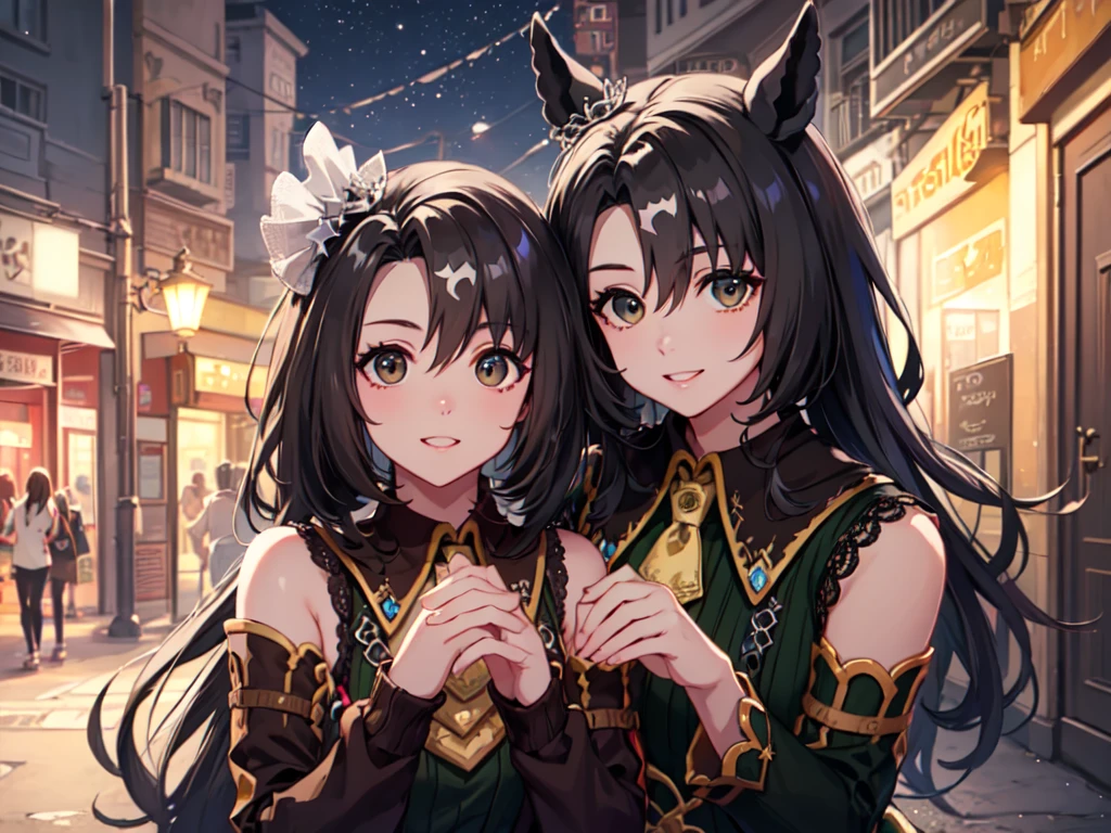 Masterpiece, high quality, 4K, HDR、head shot、Chest centered。Cool horse ears beauty、smile、looking at the camera。Brown Eyes、Pink Lipstick、Glamorous Body。Red glasses、Shoulder less、Casual clothes。Hold your head with both hands。Night starry sky、Ruins at night。