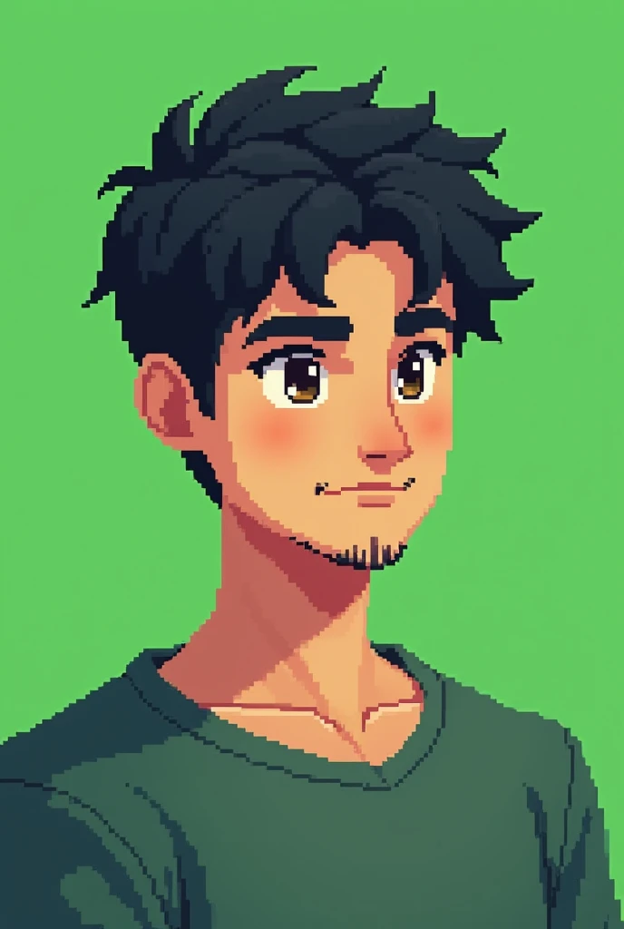 A young Caucasian adult with very light skin in pixel art style, he has short black hair, brown eyes and a stubble beard and has a green background behind him in pixel art