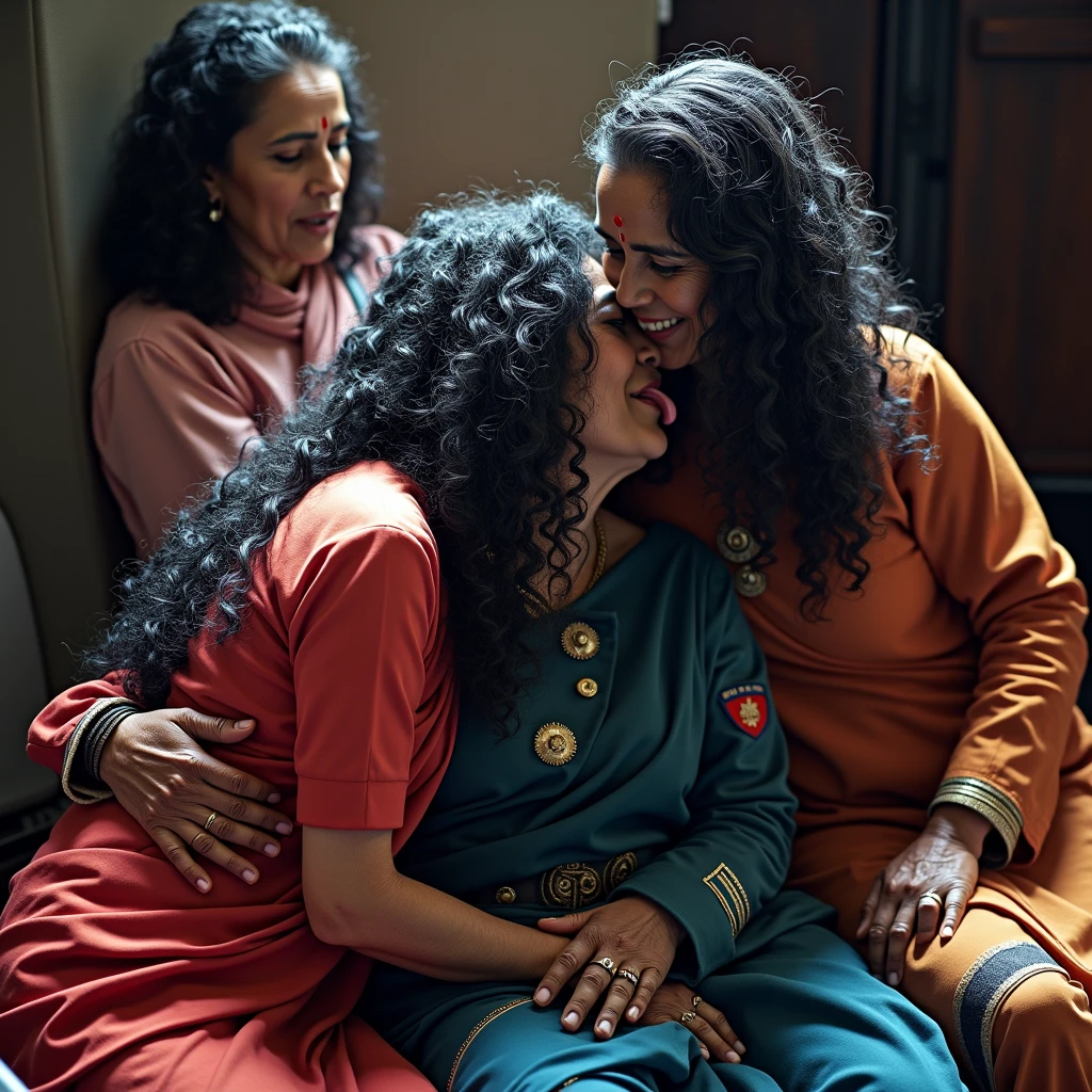 In a unique in-flight scene, three 70-year-old Indian women make a striking impression. They are dressed in distinctive uniforms: one in a white pilot's outfit, another in a red flight attendant uniform, and the third in a traditional blue saree. Their unnaturally black, 3C curly hair, reminiscent of coiled springs, draws the eye with its inexplicable sheen and volume. Each strand seems to have been meticulously crafted by an unseen hand, coiled and coiled a million times over until it reaches a state of surreal perfection. The hair appears to have been showered with an unimaginable amount of oil, so much so that it resembles wet pulp, saturated and absorbing the light around them,The oil-drenched hair cascades elegantly down their backs, allowing for a clear view of the meticulously styled partings and the smooth lines of their scalps. The glossy texture of the hair accentuates the clean, polished look of their elaborate hairstyles. In this serene moment, while all other passengers are sleeping, the three women are positioned one on top of the other, wildy sharing kisses in tongues out, This unusual and dramatic portrayal highlights the extreme use of hair oil, showcasing its impact on their opulent and meticulously crafted looks amidst the quiet of the cabin.