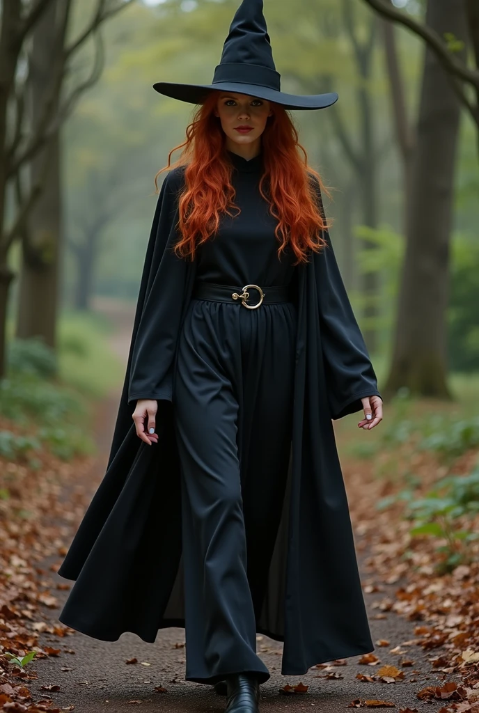 redheaded woman in witch costume who walks