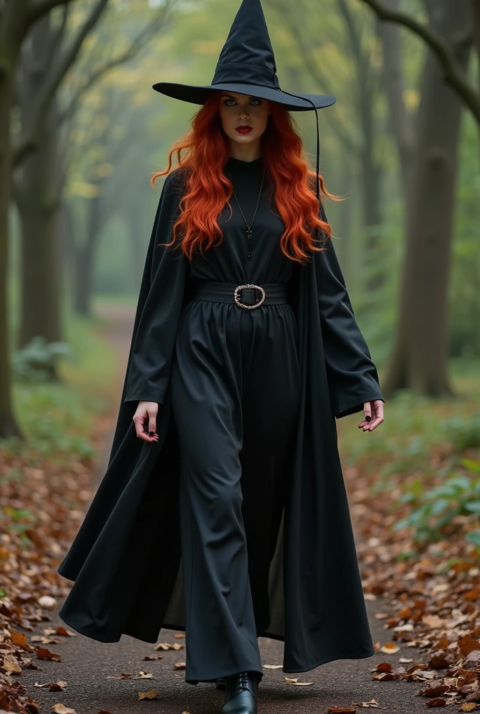 redheaded woman in witch costume who walks