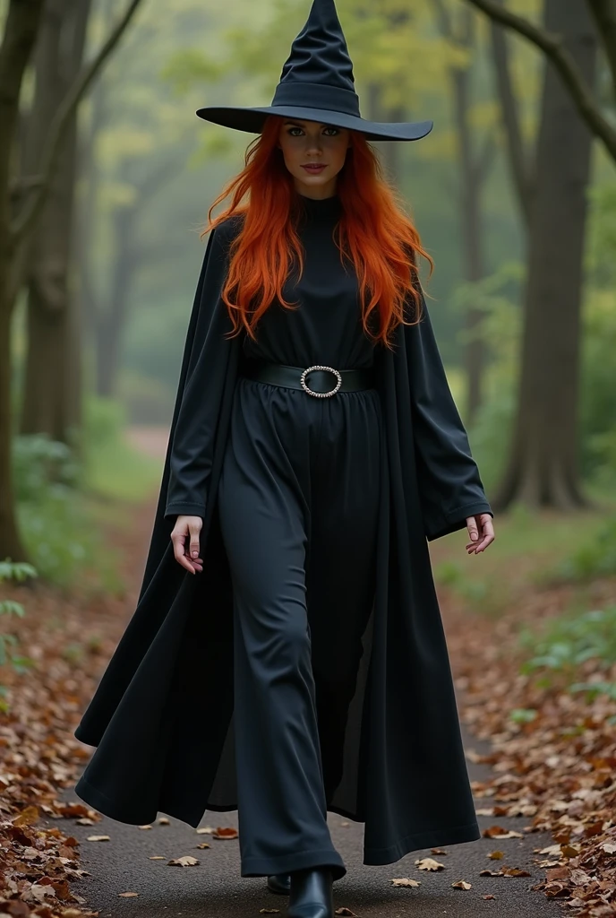 redheaded woman in witch costume who walks