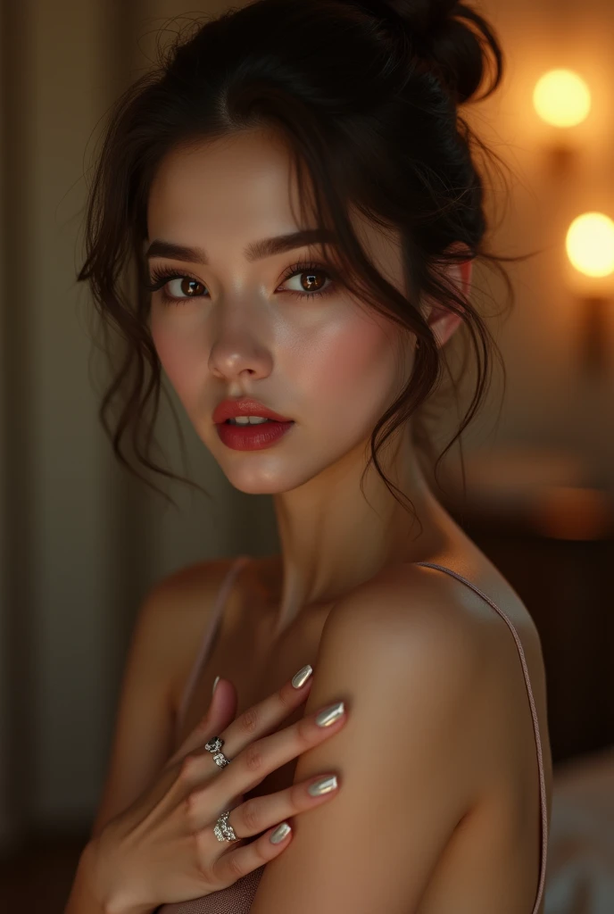 run-6500-v1.1, (RAW Photo:1.2), Highest quality, [masterpiece:1.6], Highly detailed, smooth, Highest quality, 8k wallpaper, (Realistic: 1.4), Cinema Lighting, standing, From knees up , Beautiful girl with details, Cute Face, Dark brown hair, hair bun, 1 girl, Perfect figure, (Slight smile), (Quiet expression), (Cute droopy eyes:1.5), Glowing Skin, (Very Big Breasts ), ( Underboob:1.9), Cleavage, (Diamond ring on finger), (Big eyes:1.5), Long eyelashes, Silver Dress, (pelvic drape:1.3), Naked, Exposed clothing, (slim), (Waist small), (Thin legs), White skin, between the legs, makeup, Idol, 20 years old