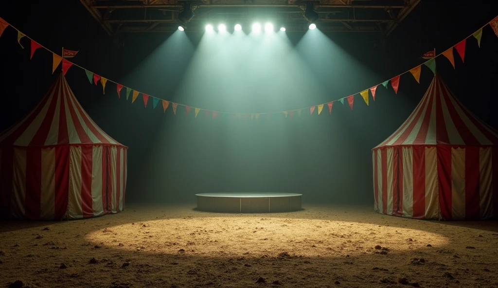 A deserted circus stage with a single spotlight focused on the center ring. The stage is adorned with red and white striped tents, and the floor is covered with sawdust. The shadows create a mysterious and slightly eerie atmosphere, with distant colorful banners hanging in the background.