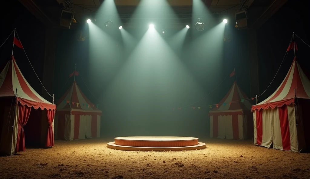 A deserted circus stage with a single spotlight focused on the center ring. The stage is adorned with red and white striped tents, and the floor is covered with sawdust. The shadows create a mysterious and slightly eerie atmosphere, with distant colorful banners hanging in the background.