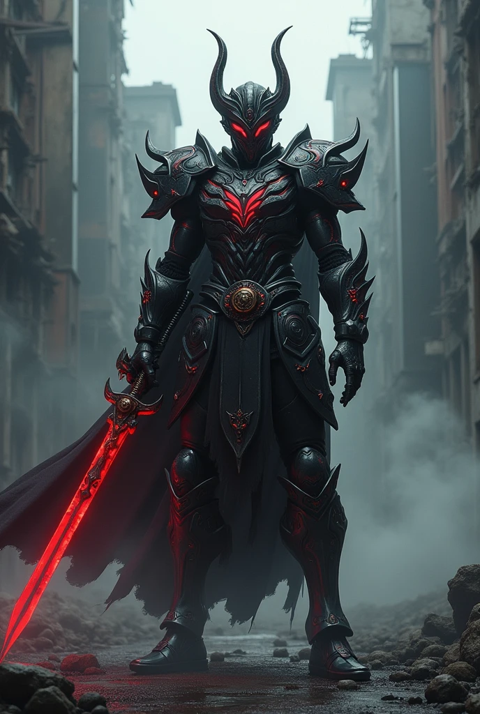 Kamen Rider, Ancient form theme, black and red colored, with two handed sword in his side, standing in the ruin city with dark mist