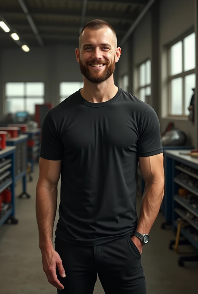 Man 1,83, 29-years-old, shaved hair very short, big smile, brown hair and beard and white, untanned skin, with a mole on his cheek and a receding hairline, standing full-length in a truck workshop dressed in black, slim and thin body