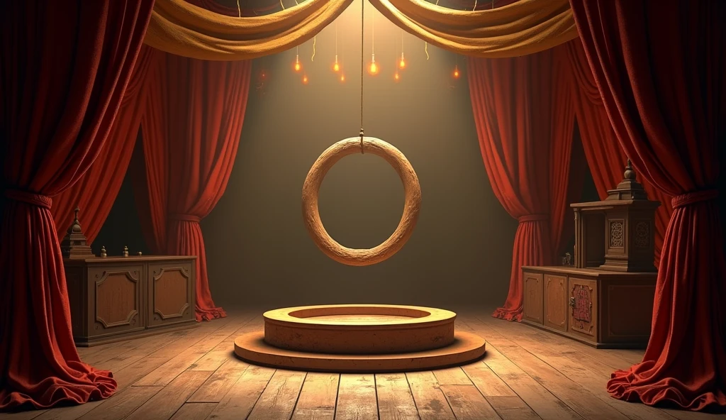A quiet circus stage at dusk, illuminated by soft, warm lights. The stage is set with a large wooden ring in the center, surrounded by old-fashioned circus props like a trapeze and balancing balls. The background is a dimly lit tent with faded red and gold fabric.