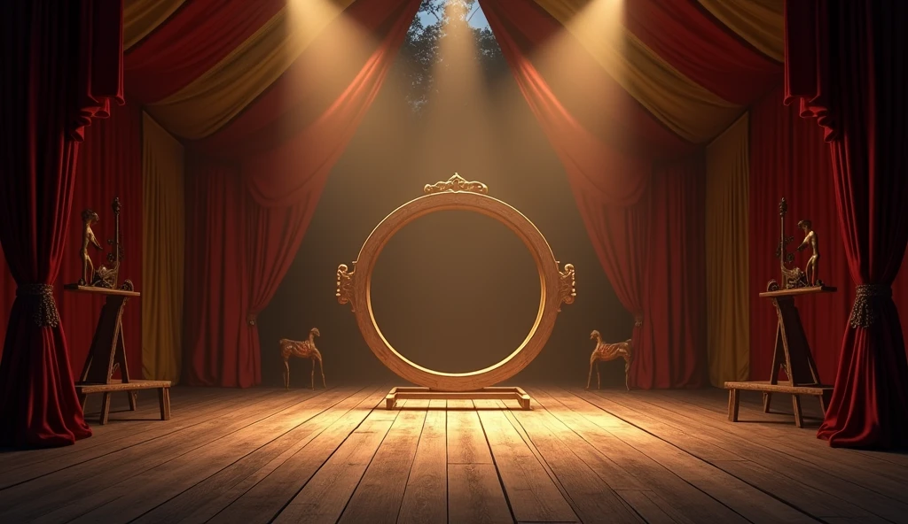 A quiet circus stage at dusk, illuminated by soft, warm lights. The stage is set with a large wooden ring in the center, surrounded by old-fashioned circus props like a trapeze and balancing balls. The background is a dimly lit tent with faded red and gold fabric.
