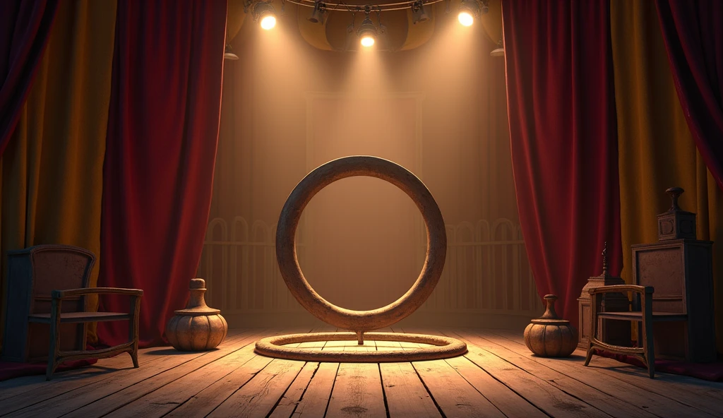 A quiet circus stage at dusk, illuminated by soft, warm lights. The stage is set with a large wooden ring in the center, surrounded by old-fashioned circus props like a trapeze and balancing balls. The background is a dimly lit tent with faded red and gold fabric.
