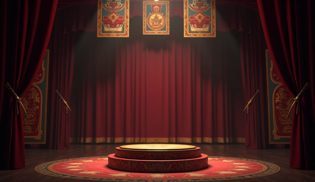 An empty circus stage under dim, moody lighting, with the main focus on an ornate ringmaster's podium at the center. The stage is decorated with vintage circus posters and banners. The background features a deep, dark red curtain with subtle golden patterns, giving a nostalgic feel.
