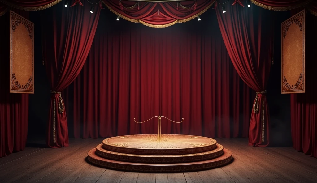 An empty circus stage under dim, moody lighting, with the main focus on an ornate ringmaster's podium at the center. The stage is decorated with vintage circus posters and banners. The background features a deep, dark red curtain with subtle golden patterns, giving a nostalgic feel.