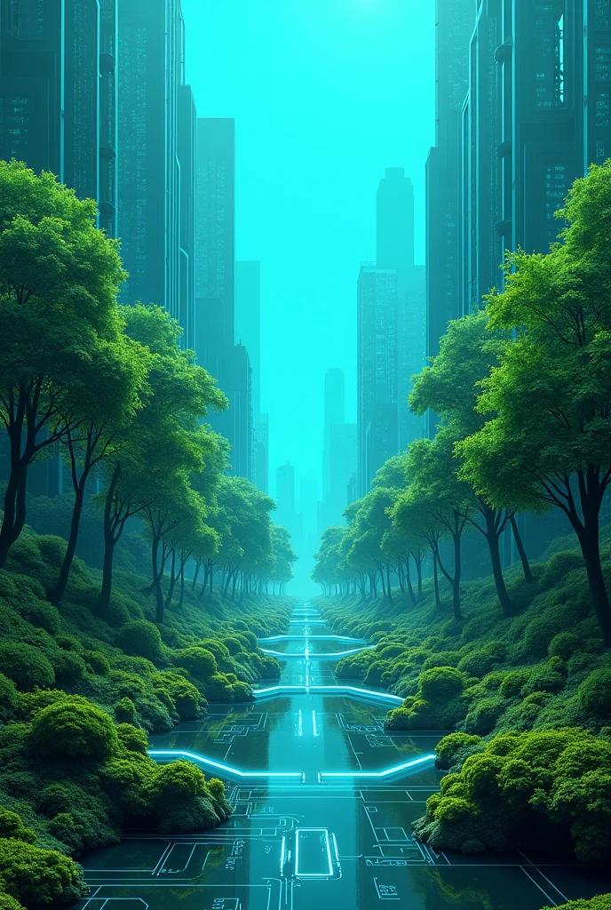 Blue background with green trees and circuit boards, Green Technology, Green Digital World, Technology and nature, Technology and nature in harmony, Cyberspace forest scene, The design art of big tech companies, Future Technologynology, Art, Technology, Digital forest, Technology design, Eco-friendly theme, Future Technology, Smooth technology, technology and nature, Steampunk forest background, Technology ring.