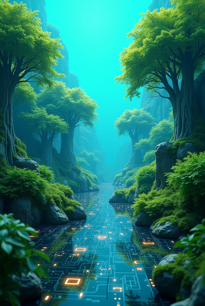 Blue background with green trees and circuit boards, Green Technology, Green Digital World, Technology and nature, Technology and nature in harmony, Cyberspace forest scene, The design art of big tech companies, Future Technologynology, Art, Technology, Digital forest, Technology design, Eco-friendly theme, Future Technology, Smooth technology, technology and nature, Steampunk forest background, Technology ring.