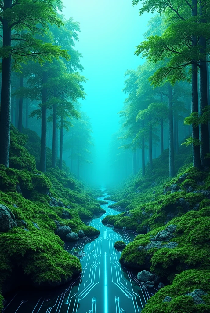 Blue background with green trees and circuit boards, Green Technology, Green Digital World, Technology and nature, Technology and nature in harmony, Cyberspace forest scene, The design art of big tech companies, Future Technologynology, Art, Technology, Digital forest, Technology design, Eco-friendly theme, Future Technology, Smooth technology, technology and nature, Steampunk forest background, Technology ring.