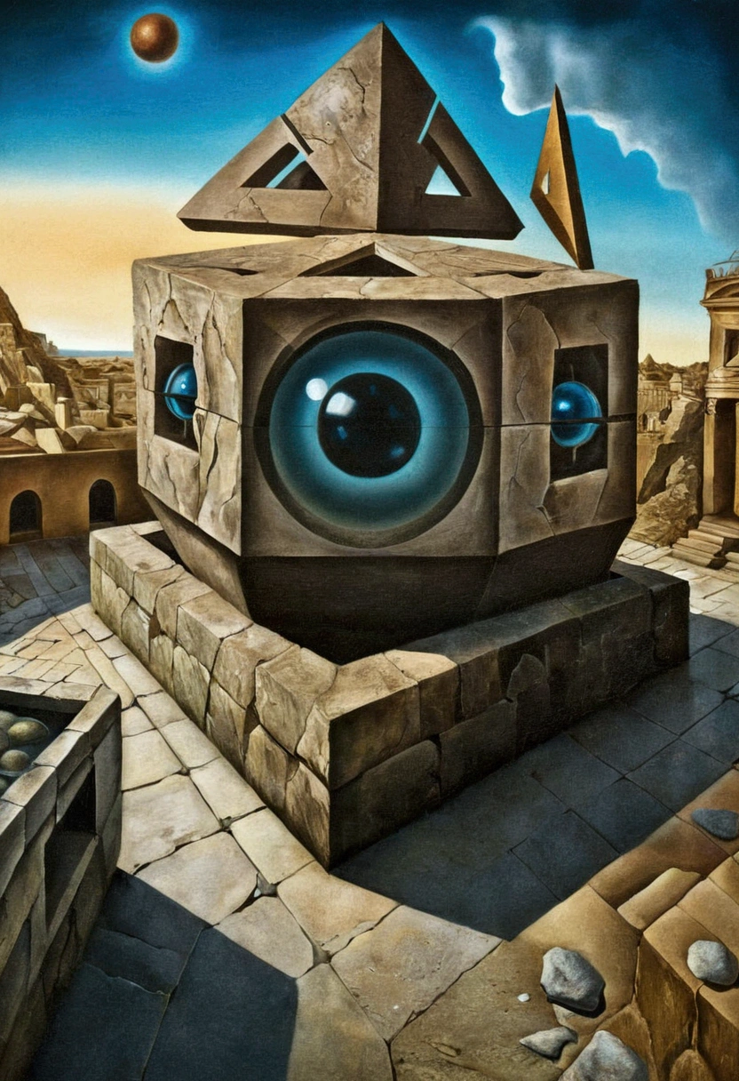 ( Surrealism ) a Surreal scene involving an ancient cyclopean mason city of non euclidean geometry, impossible angles of higher dimension make the stone mason buildings from all directions, and abstract mason work that are illusions , confusing chaos, photorealistic, 8k, hyper detailed, dramatic lighting, surreal and abstract,