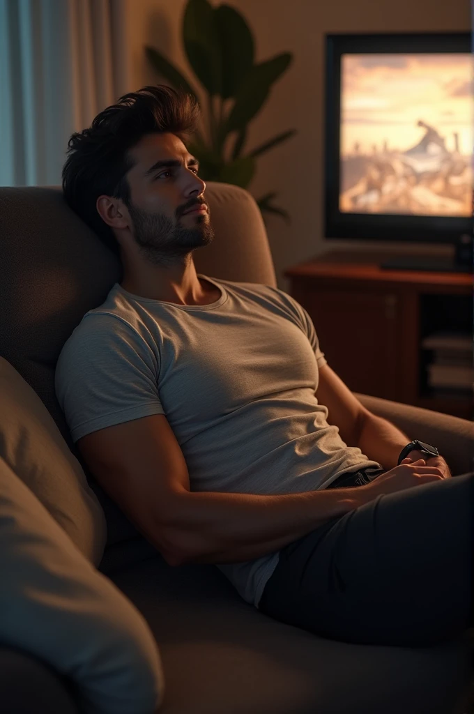 Homme brun sexy en t-shirt et caleçon sur le canapé qui regarde la télé