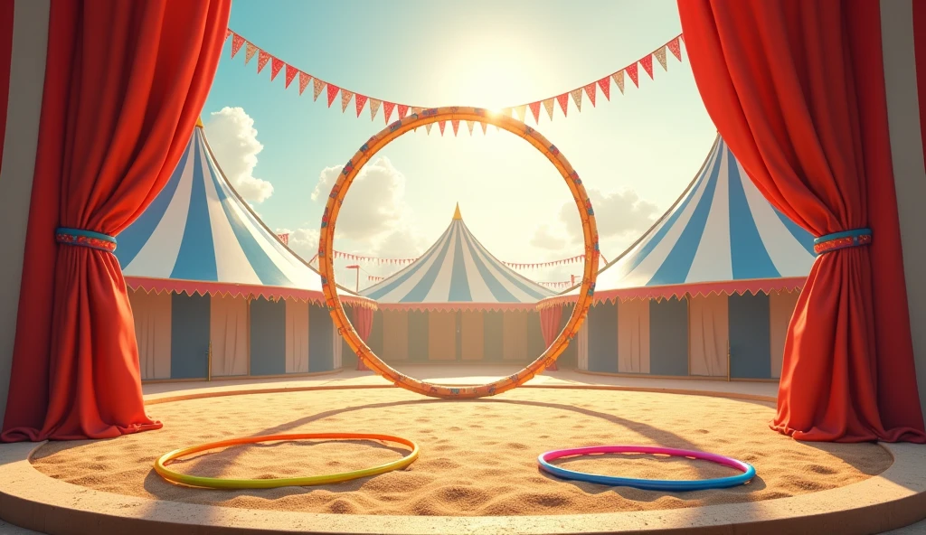A pristine circus stage in the middle of the day, bathed in natural sunlight filtering through the open tent. The stage has a clean, sandy floor with a large ring in the center. Colorful circus props like hula hoops and a lion's hoop are neatly arranged, with a blue and white striped tent as the backdrop.