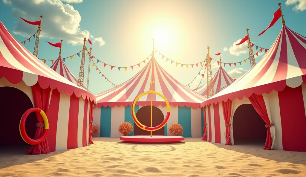 A pristine circus stage in the middle of the day, bathed in natural sunlight filtering through the open tent. The stage has a clean, sandy floor with a large ring in the center. Colorful circus props like hula hoops and a lion's hoop are neatly arranged, with a blue and white striped tent as the backdrop.
