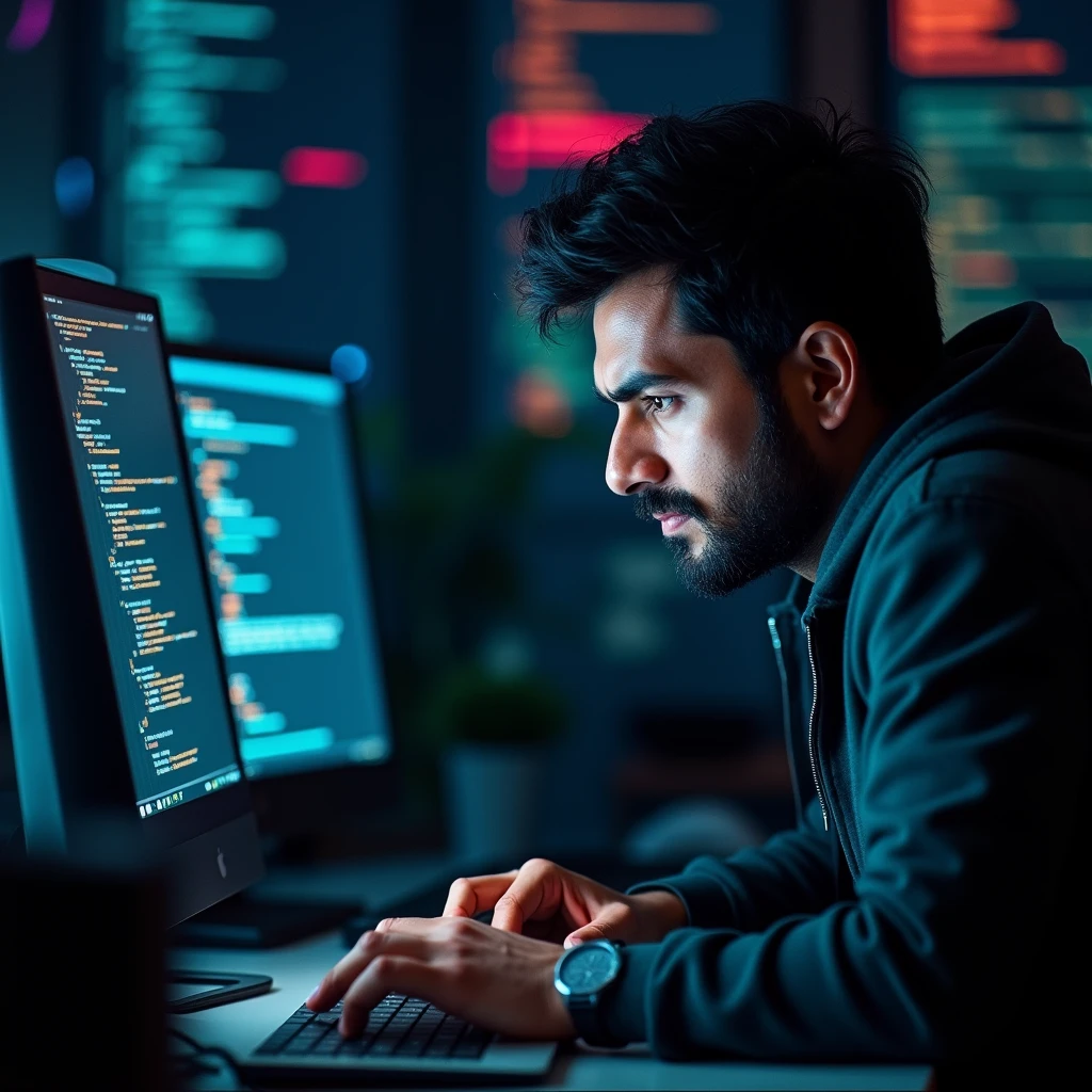 A cinematic photography style "shot of a web developer kayum working at a desk. He is writing code on Visual Studio code, and his face is marked with concern and so happy. The background reveals a vast expanse of computer products." studio lighting, cinematic, sharp, high details